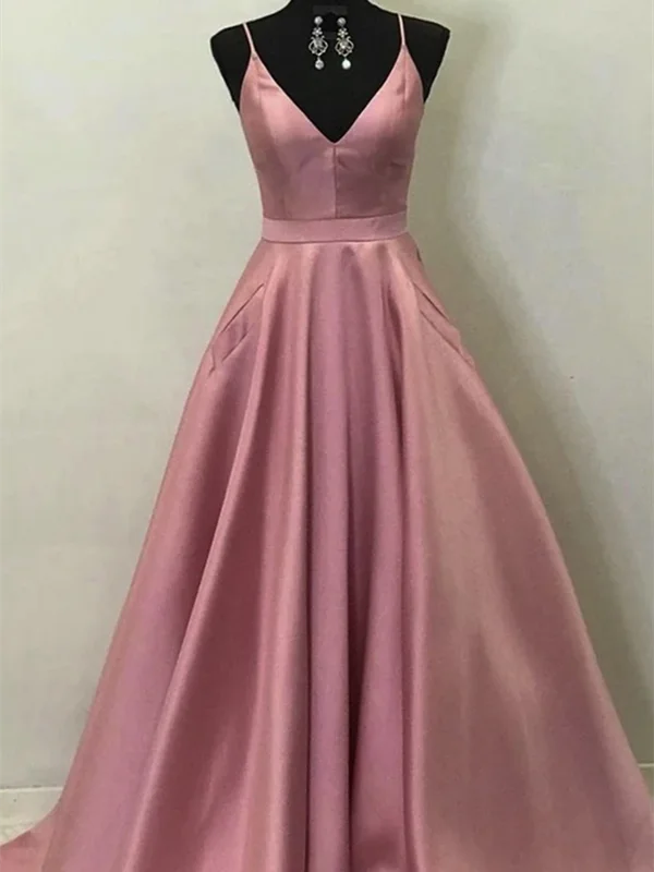 Simple V Neck Pink Satin Long Prom Dresses With Pockets, Simple V Neck Pink Satin Long Formal Evening Dresses Simple V Neck Pink Satin Long Prom Dresses With Pockets, Simple V Neck Pink Satin Long Formal Evening Dresses