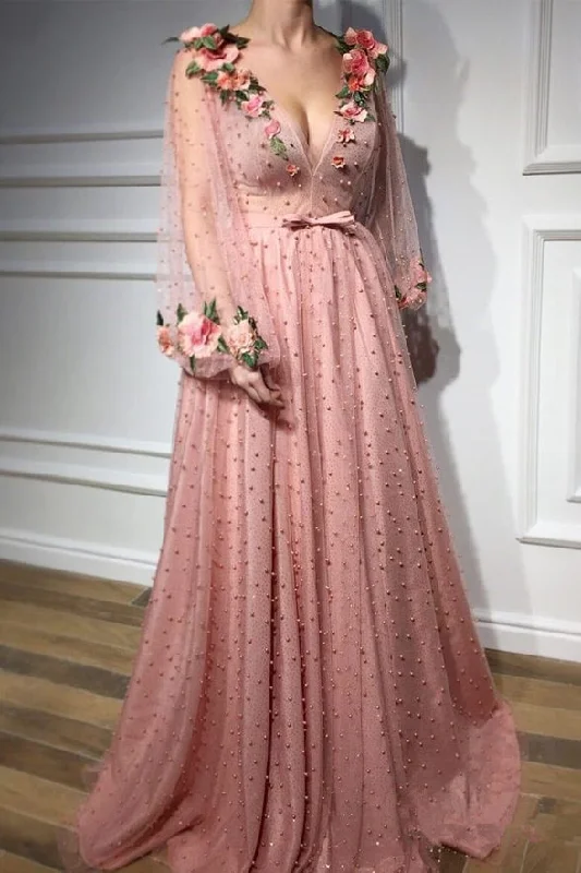 New Long Sleeves V Neck Pearls Pink 3D Floral Fancy Prom Dresses Formal Evening Dress New Long Sleeves V Neck Pearls Pink 3D Floral Fancy Prom Dresses Formal Evening Dress