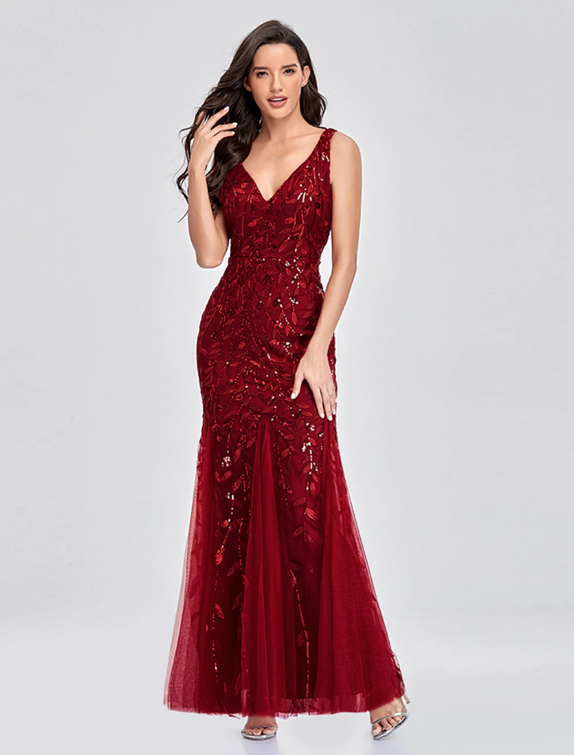 Mermaid / Trumpet Empire Elegant Party Wear Formal Evening Valentine's Day Dress V Neck V Back Sleeveless Floor Length Tulle with Embroidery Mermaid / Trumpet Empire Elegant Party Wear Formal Evening Valentine's Day Dress V Neck V Back Sleeveless Floor Length Tulle with Embroidery