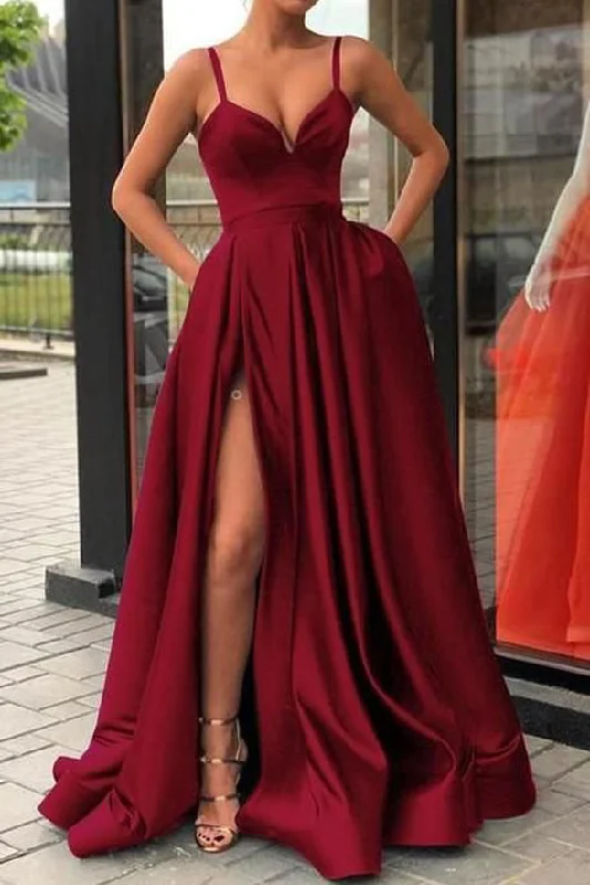 New 2019 Spaghetti Straps V Neck Slit Burgundy Satin Prom Dresses Formal Dress Gowns LD1682 New 2019 Spaghetti Straps V Neck Slit Burgundy Satin Prom Dresses Formal Dress Gowns LD1682