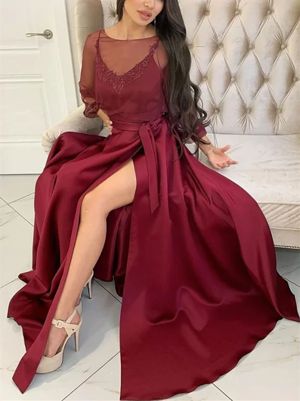 Long Sleeves Maroon Long Prom Dresses with High Leg Slit, Burgundy Formal Evening Graduation Dresses Long Sleeves Maroon Long Prom Dresses with High Leg Slit, Burgundy Formal Evening Graduation Dresses