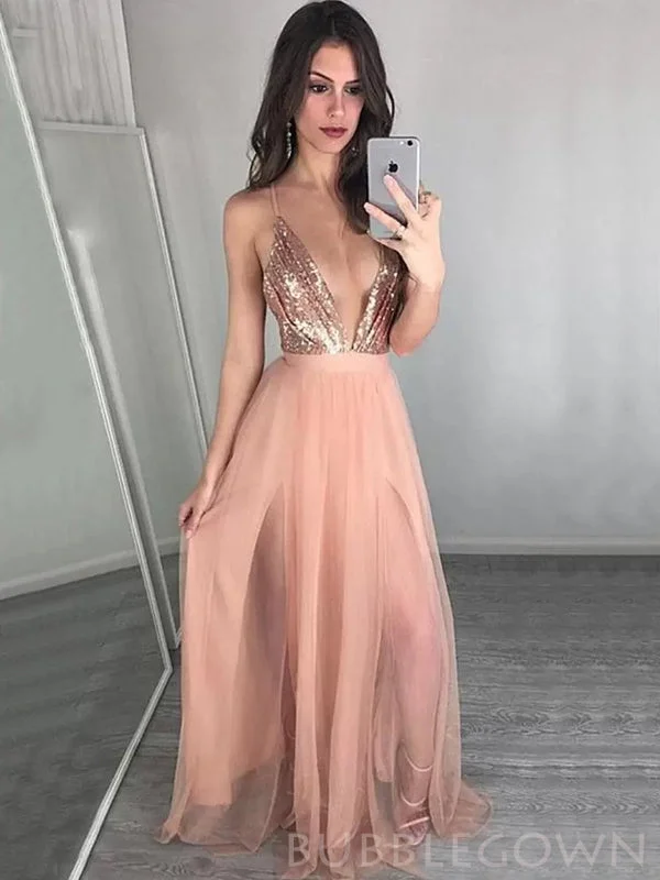 Sexy Deep V-neck Coral Sequin Long Spaghetti Straps Evening Prom Dresses, Cheap Custom Prom Dresses, MR8116 Sexy Deep V-neck Coral Sequin Long Spaghetti Straps Evening Prom Dresses, Cheap Custom Prom Dresses, MR8116