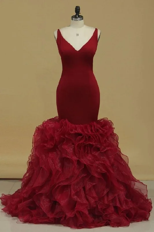 2024 Sexy Open Back Prom Dresses V Neck Spandex & Organza Sweep PZKATSDH