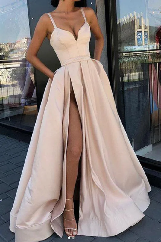 Spaghetti Straps Elegant Slit Fancy Prom Dresses Formal Evening Grad Dress With Pocket Spaghetti Straps Elegant Slit Fancy Prom Dresses Formal Evening Grad Dress With Pocket