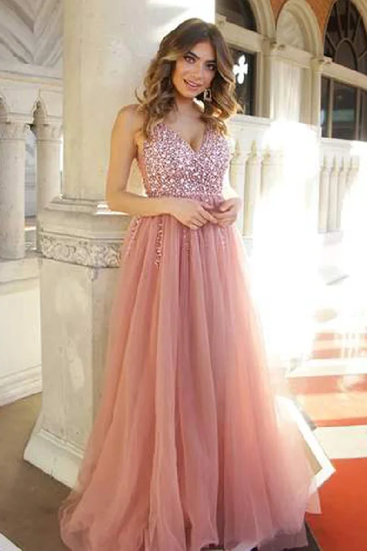 Chic A Line V Neck Blush Pink See Through Beaded Long Formal Prom Dresses Evening Dress Chic A Line V Neck Blush Pink See Through Beaded Long Formal Prom Dresses Evening Dress