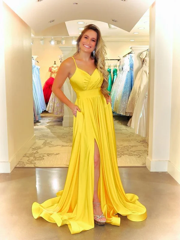 Simple V Neck Yellow Satin Long Prom Dresses With High Leg Slit, Simple V Neck Yellow Satin Long Formal Evening Dresses Simple V Neck Yellow Satin Long Prom Dresses With High Leg Slit, Simple V Neck Yellow Satin Long Formal Evening Dresses