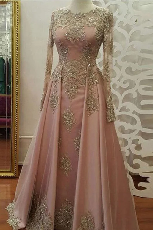Real Picture Lace Appliques Pink Long Sleeves Wedding Prom Dresses Evening Formal Dress Real Picture Lace Appliques Pink Long Sleeves Wedding Prom Dresses Evening Formal Dress