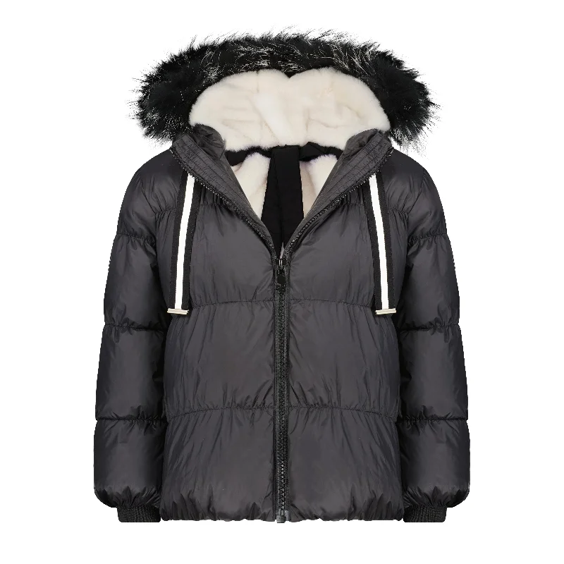 SCOTCH BONNET BLACK & WHITE TIPS FUR HOODED DRAWSTRING PUFFER