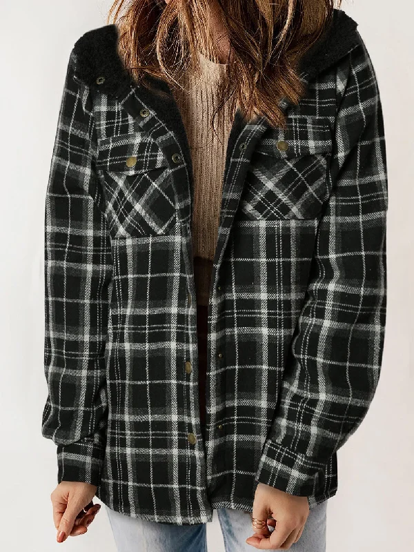 Cozy Black Plaid Sherpa Lined Hooded Shacket