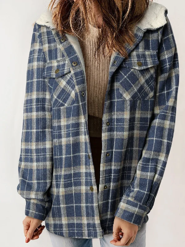 Blue Tartan Sherpa-Lined Hooded Shacket