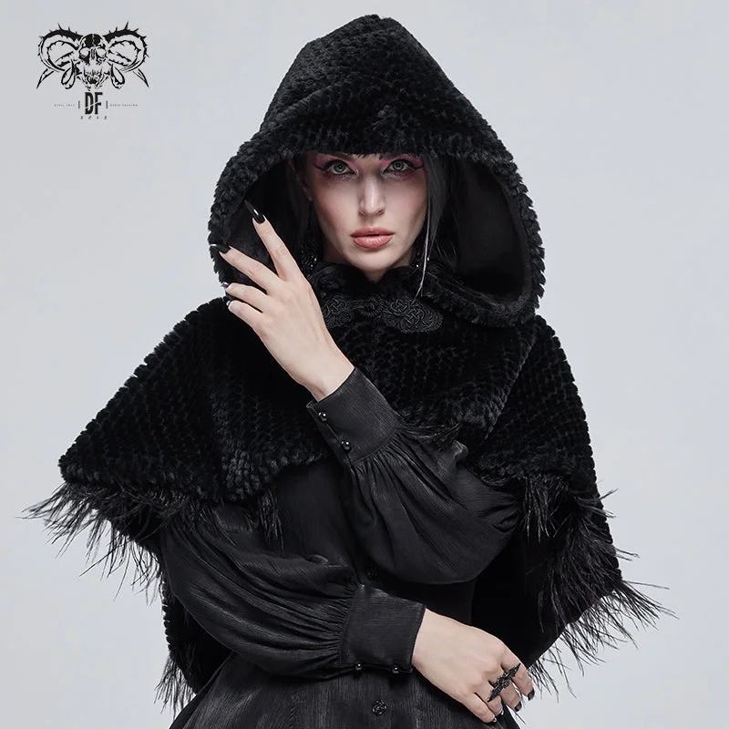 CA02501 Short dark grained plush hooded cloak