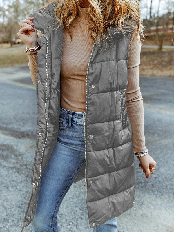 Quilted Gray Hooded Long Vest Coat for Winter Adventures