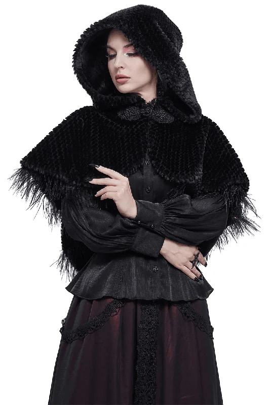 Gothic Feather Hooded Short Cape / Women's Grained Plush Cape with Fur Balls on the Back