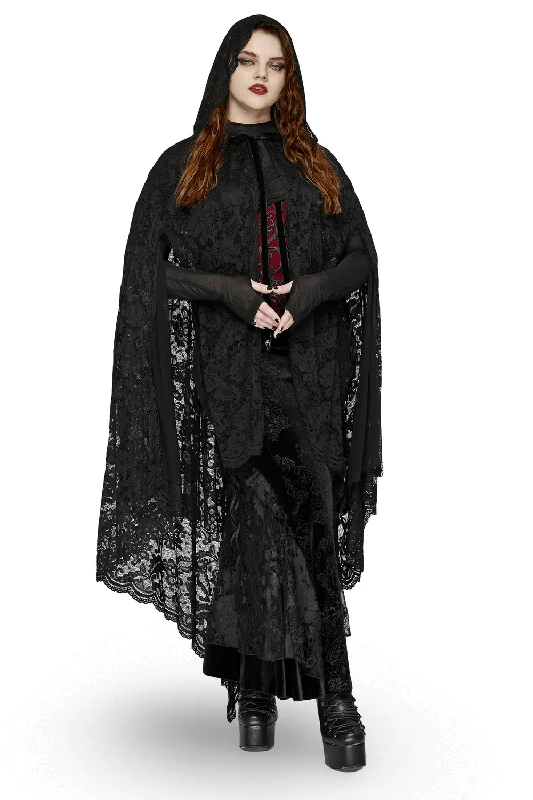 Gothic Lace Hooded Cape with Rose Trim and Velvet Ties