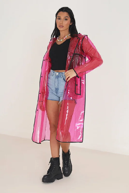 PINK SEE THROUGH LONGLINE HOODED FESTIVAL MAC