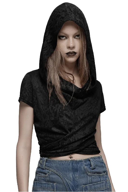 Swing Collar Hooded Short Sleeves Top with Criss-Cross Hem