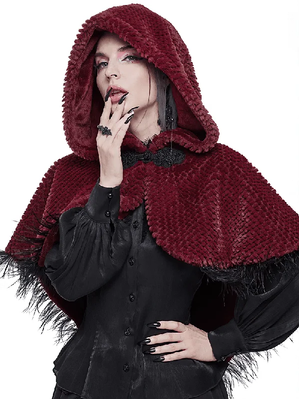 Women's Red Hooded Short Cape with Fringes / Grained Plush Cape with Fur Balls on the Back