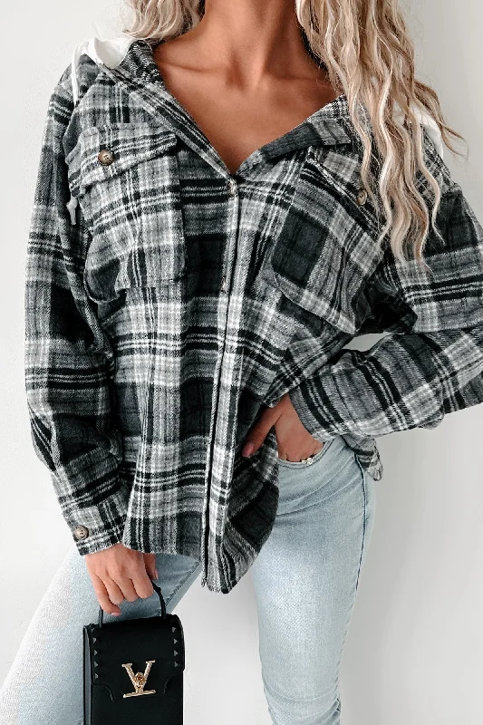 Courtney Hooded Plaid Shacket (Grey)