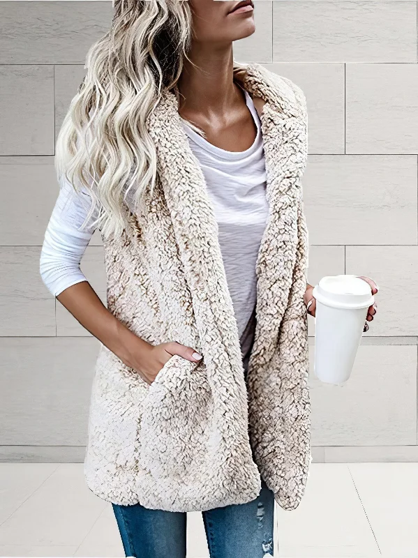 Women's Fuzzy Hooded Vest with Pockets