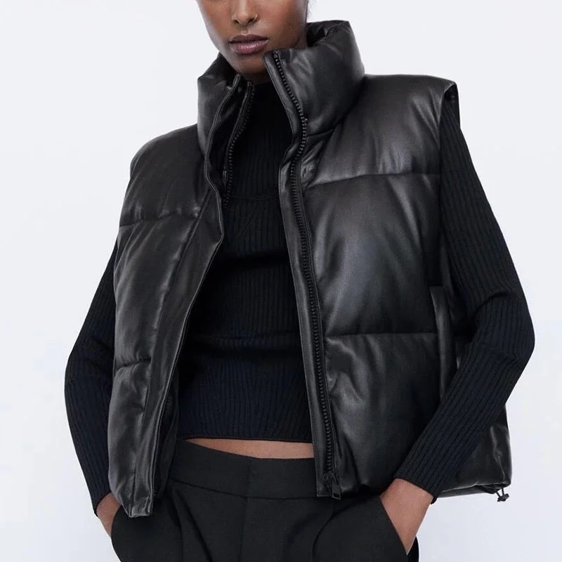 Zipper Faux Leather Puffer Vest