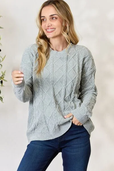 BiBi Cable Knit Round Neck Sweatshirt Hooded Sweatshirt Casual Wear Street Style