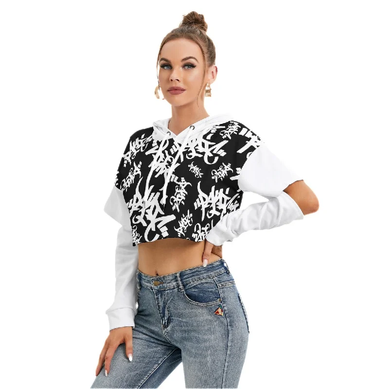 BLACK/WHITE TAG ALL-OVER PRINT CROP HOODIE OPEN ELBOW Hoodie Jacket Zipper Layering