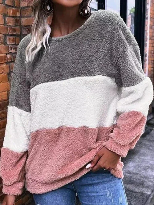 Color Block Round Neck Long Sleeve Ladies Sweatshirt Hoodie with Hem Detail Decorative Unique Color Block Round Neck Long Sleeve Ladies Sweatshirt Hoodie with Hem Detail Decorative Unique