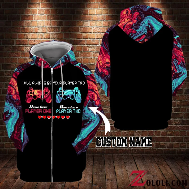 Gamer Couple I will always be your player two hoodie 3D TTM Hoodie with Hem Ribbing Snug Secure Gamer Couple I will always be your player two hoodie 3D TTM Hoodie with Hem Ribbing Snug Secure