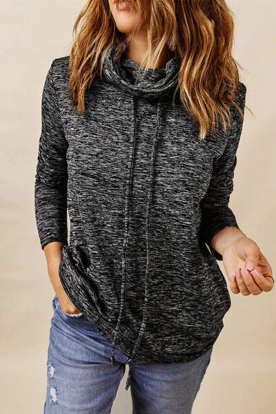 Heathered Drawstring Mock Neck Sweatshirt Hoodie with Print Artistic Unique