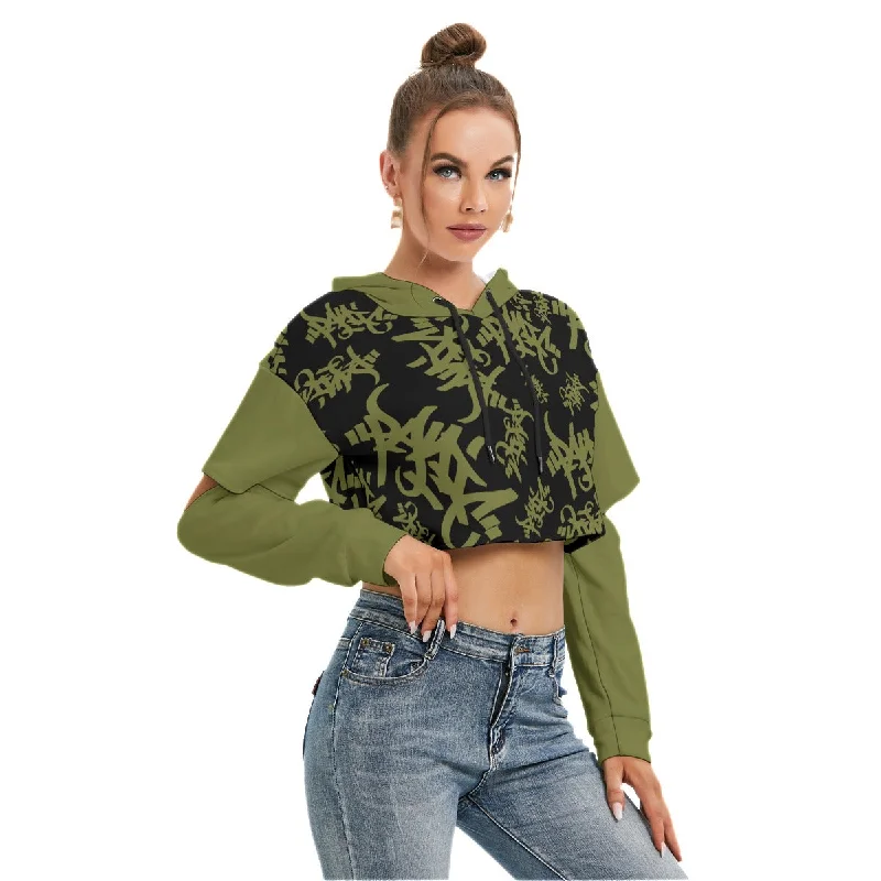 OLIVE/BLACK TAG ALL-OVER PRINT CROP HOODIE OPEN ELBOW Hoodie with High-Low Hem Asymmetrical Trendy OLIVE/BLACK TAG ALL-OVER PRINT CROP HOODIE OPEN ELBOW Hoodie with High-Low Hem Asymmetrical Trendy