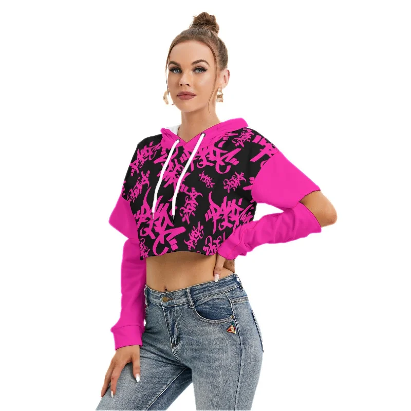 PINK/BLACK TAG ALL-OVER PRINT CROP HOODIE OPEN ELBOW Hoodie with Hidden Zipper Minimalist Clean PINK/BLACK TAG ALL-OVER PRINT CROP HOODIE OPEN ELBOW Hoodie with Hidden Zipper Minimalist Clean