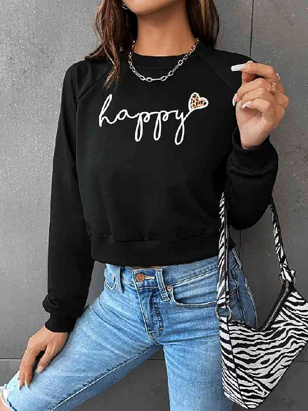 Raglan Sleeve HAPPY Graphic Ladies Sweatshirt Hoodie with Mesh Breathable Sporty
