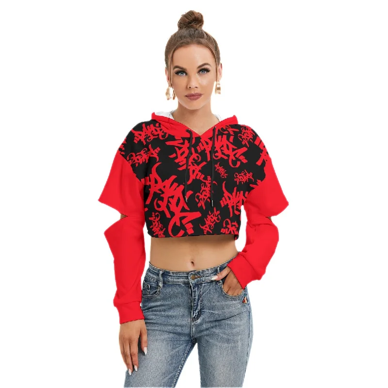 RED/BLACK TAG ALL-OVER PRINT CROP HOODIE OPEN ELBOW Hoodie with Oversized Fit Loose Comfortable RED/BLACK TAG ALL-OVER PRINT CROP HOODIE OPEN ELBOW Hoodie with Oversized Fit Loose Comfortable