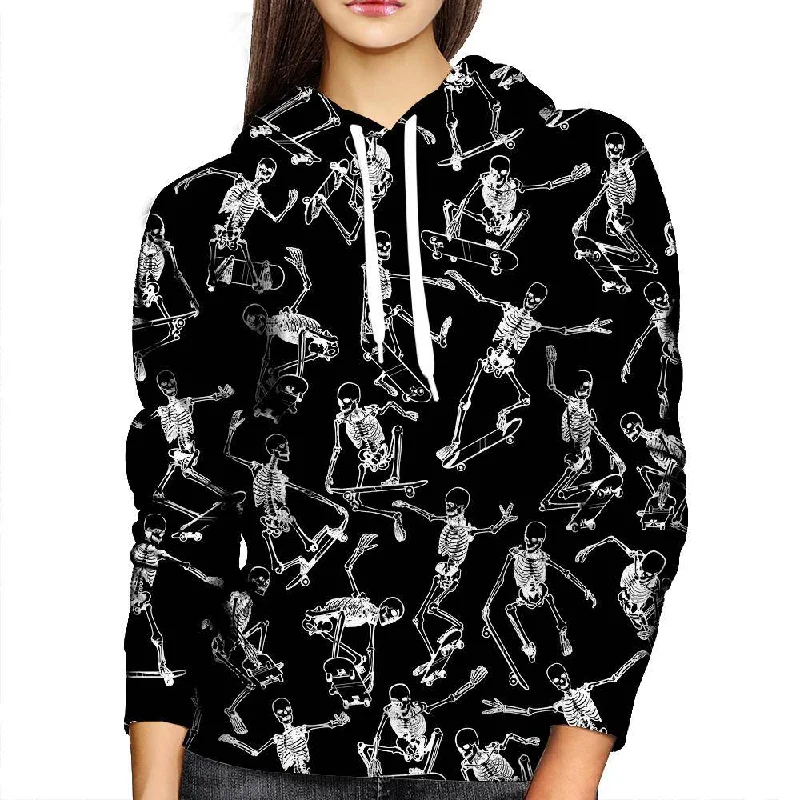 Skateboarding Skulls Black Womens Hoodie Hoodie with Exposed Zipper Edgy Industrial