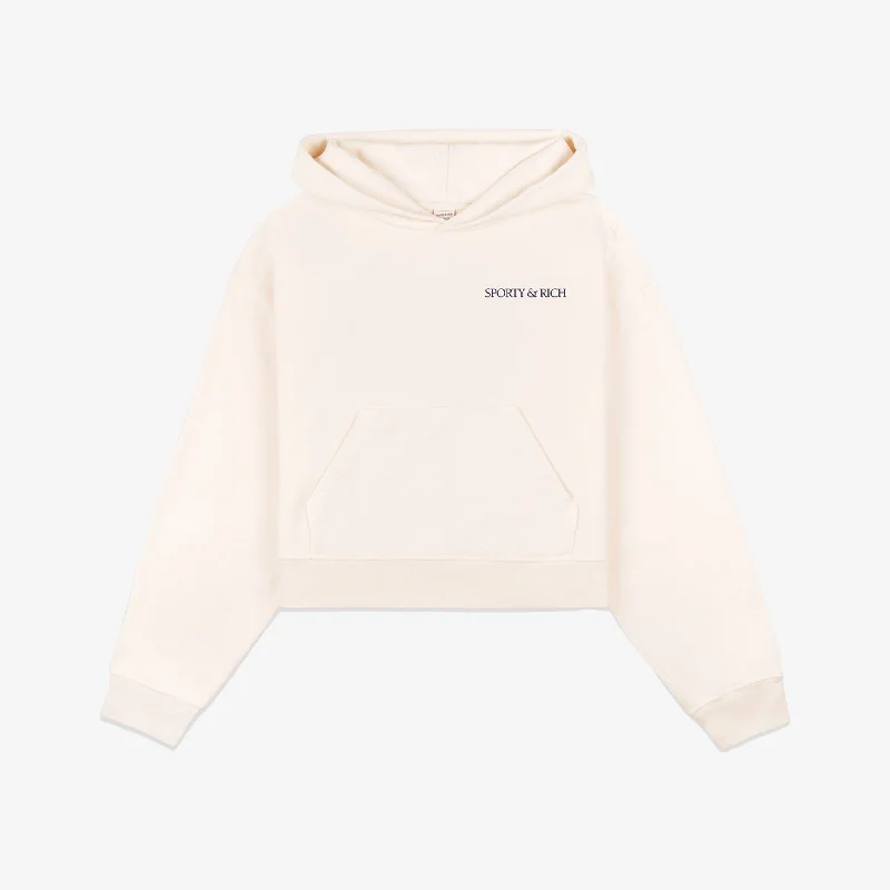 SPORTY & RICH | WMN'S H&W CLUB CROPPED HOODIE { CREAM/NAVY Hoodie with Turtle Neck Cozy Winter SPORTY & RICH | WMN'S H&W CLUB CROPPED HOODIE { CREAM/NAVY Hoodie with Turtle Neck Cozy Winter
