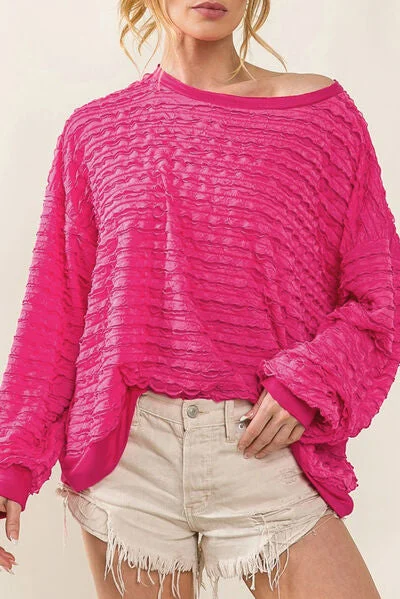 Texture Round Neck Dropped Shoulder Light Ladies Sweatshirt Hoodie with Zipper Versatile Modern