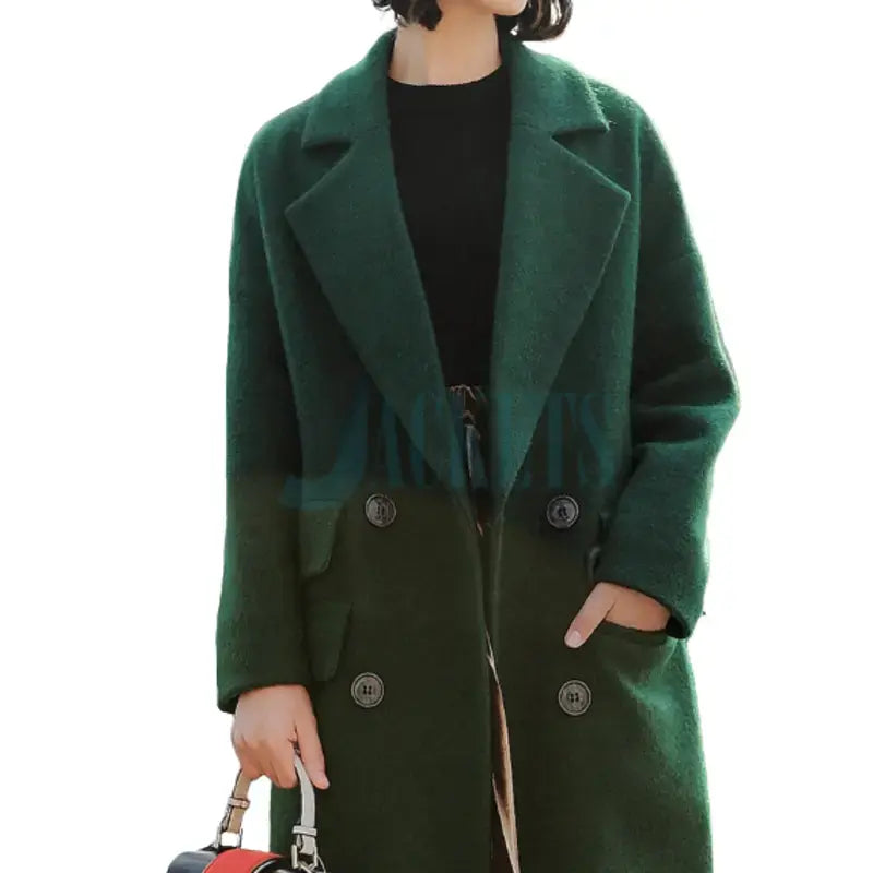 Dark Green Wool Trench Coat Classic Double-Breasted Trench Coat