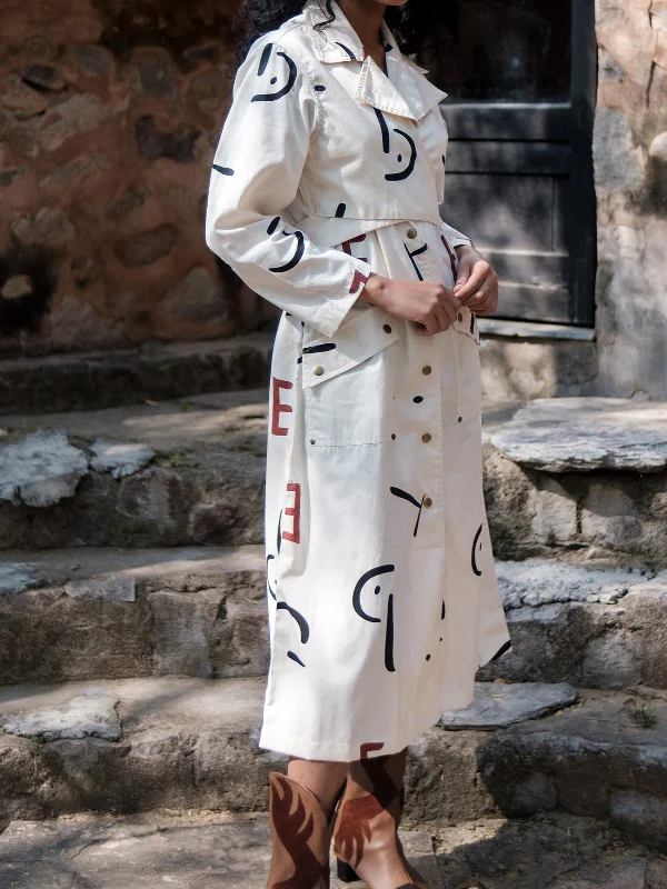 Ecru Line Printed Copenhagen Trench Off White Warm Long Sleeve Trench