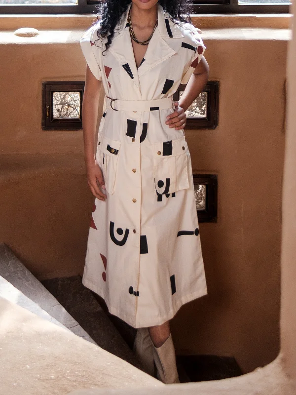 Ecru Triangle Printed Harajuku Trench Fashionable Long Wool Trench