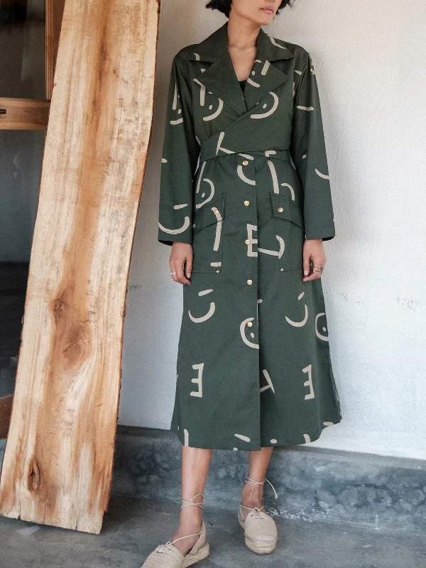 Line Printed Copenhagen Trench Deep Green Elegant Long Sleeve Trench