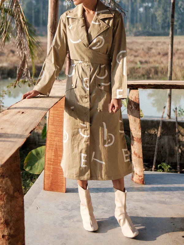 Line Printed Copenhagen Trench Khaki Casual Trench Coat for Women