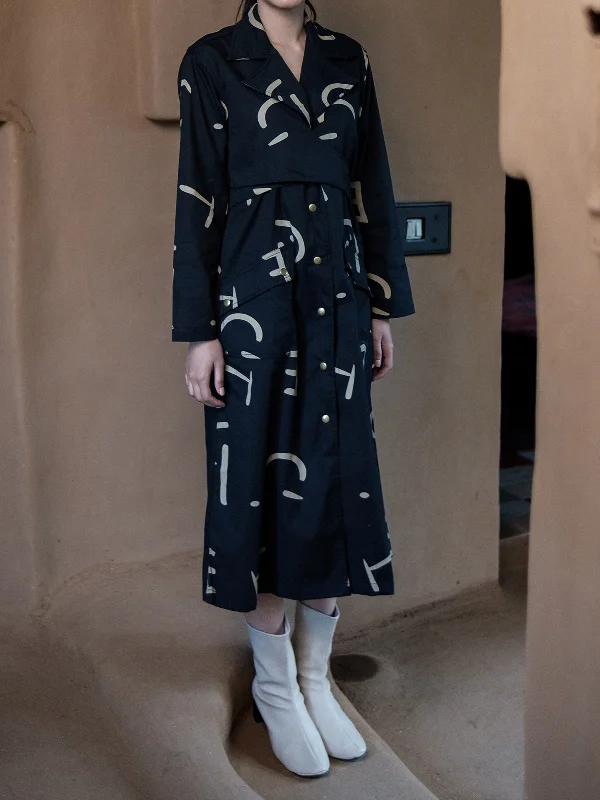 Line Printed Harajuku Trench Black Classic Plaid Wool Trench