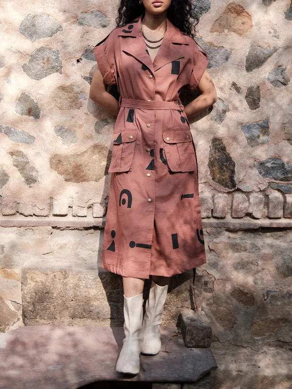 Line Printed Harajuku Trench Copper Sleek Black Double-Breasted Trench