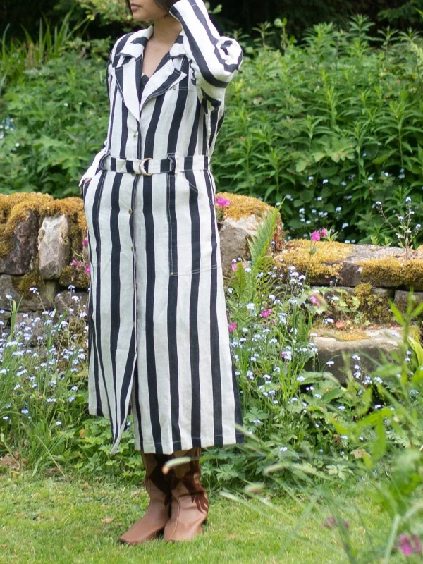 Stripes Summer Trench Coat Grey Comfortable Lightweight Trench Coat