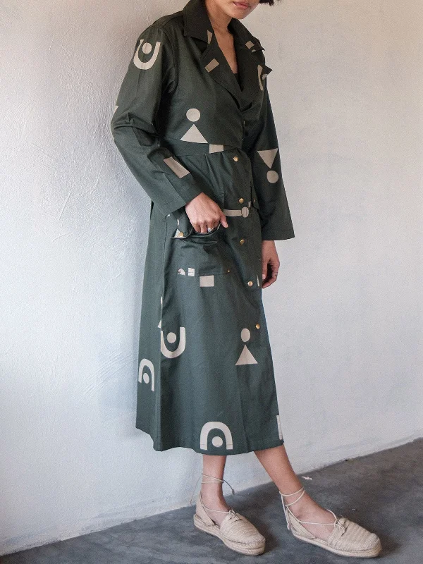Triangle Printed Copenhagen Trench Deep Green Soft Waterproof Trench Coat