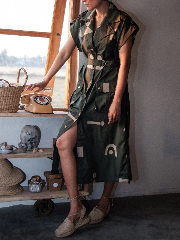 Triangle Printed Harajuku Trench Deep Green Trendy Hooded Belted Trench