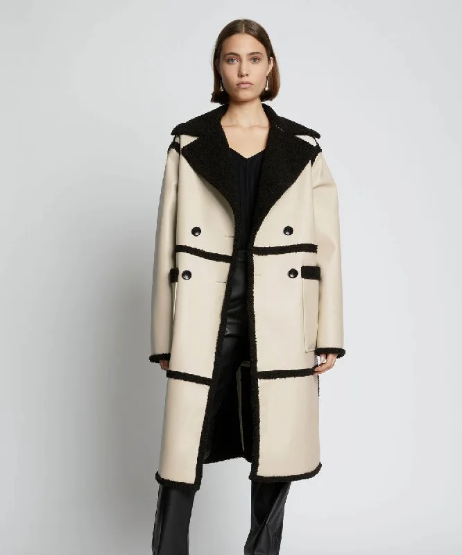 Women's Aviator Shearling Leather Trench Long Coat Elegant Belted Trench Coat