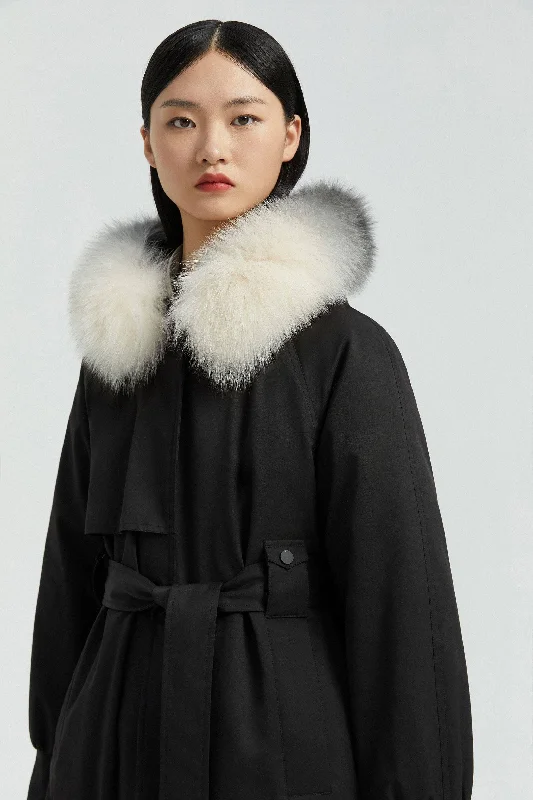 Hooded Trench Coat with Fur Trim Elegant Button-Up Trench Coat