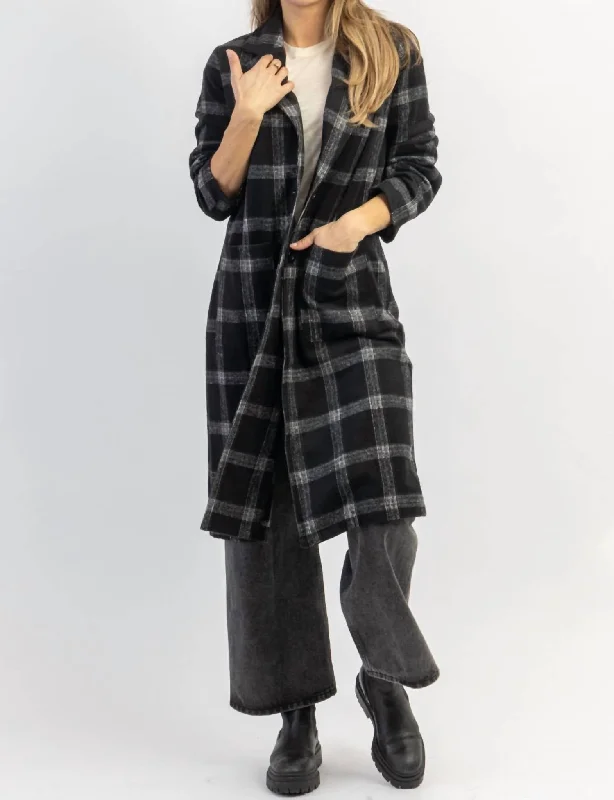 London Calling Plaid Trench Coat In Black + Grey Casual Hooded Trench Jacket