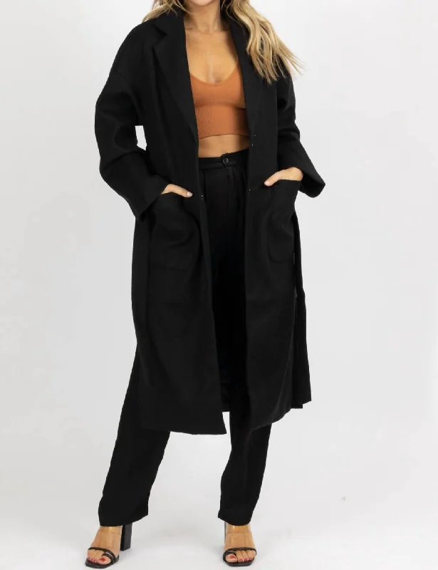 Oversize Belted Trench Coat In Black Comfortable Casual Wool Trench